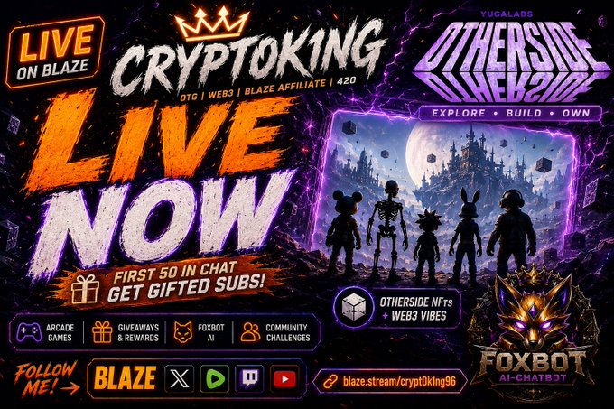 A promotional banner for 'CRYPTOKING' featuring 'OTHERSIDE WEB2.0', announcing a live stream on Blaze with giveaways and NFT exploration.