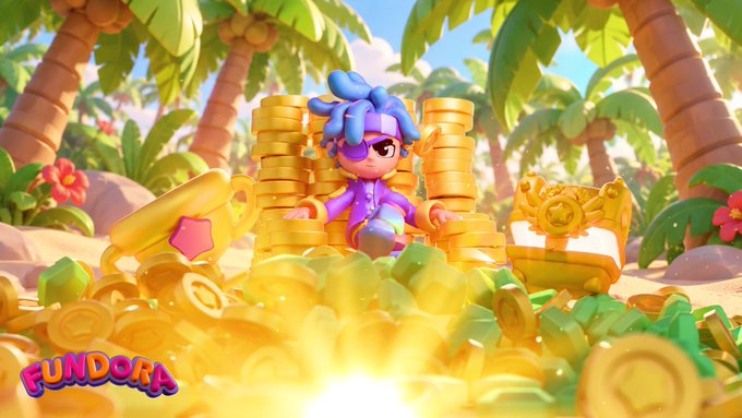 A blue-haired, eye-patched character sits triumphantly atop stacks of gold coins, surrounded by gems, treasure chests, and palm trees, with the "FUNDORA" logo displayed in the corner—perfectly capturing the post's message of racing for gold, gems, and glory.