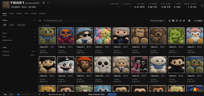 The image shows an NFT marketplace interface displaying "FWAiR" (Launched Aug 2026) collections, with "FWAiR PF..." items each listed at a top offer of 0.42 WETH. The collection features plush toy-style NFT characters, aligning with the post's question about a potential "BAYC of the new era" emerging from this new collection.