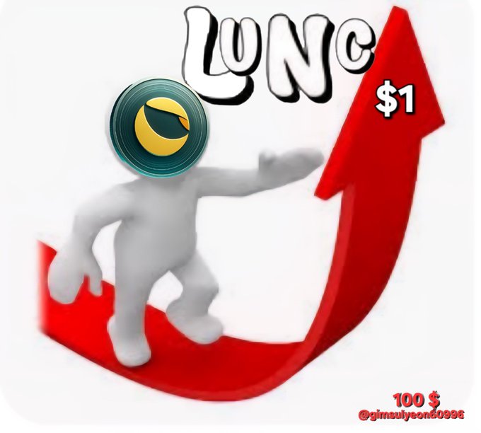 A gray 3D character with the Terra Luna Classic (LUNC) token as its head confidently walks up a large red arrow pointing toward "$1," with "LUNC" written above — symbolizing the community's bullish belief that LUNC will reach $1.