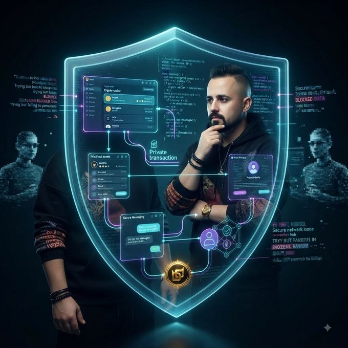 A man stands thoughtfully behind a glowing blue holographic shield labeled "Private transaction," surrounded by floating UI panels showing crypto wallets, code, and security features like "Pinned assets" and "Secure messaging."