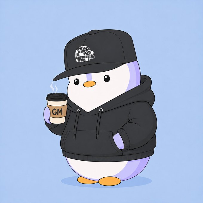 A cartoon illustration of a chubby purple penguin wearing a black hoodie and a black cap with a disco-ball logo, holding a coffee cup labeled 'GM'.