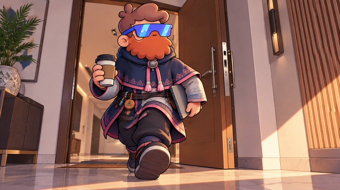 A stylized cartoon character with a red beard, wearing blue sunglasses and a patterned hoodie, walks through a doorway holding a coffee cup and a book.