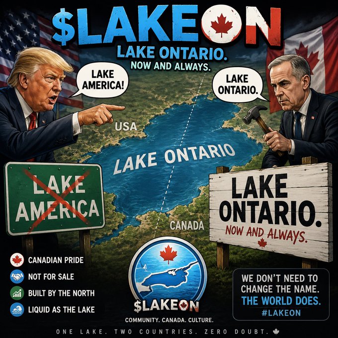 Political meme graphic showing Trump and Mark Carney on opposite sides of Lake Ontario, with Trump saying 'LAKE AMERICA!' and Carney holding a hammer defending 'LAKE ONTARIO. NOW AND ALWAYS.' Features crossed-out 'LAKE AMERICA' sign and hashtags #LAKEON, with slogans like 'CANADIAN PRIDE' and 'NOT FOR SALE.'