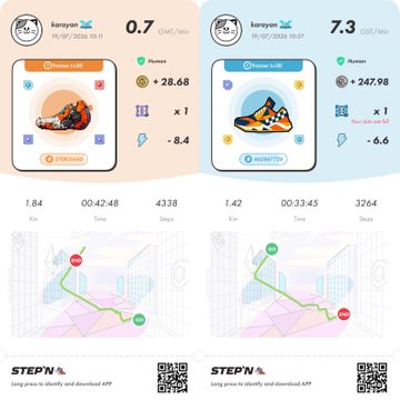 Two STEP'N app screenshots display Common LVL sneakers with earnings of 0.7 and 7.3 GST/Min, along with distance, time, and step statistics.