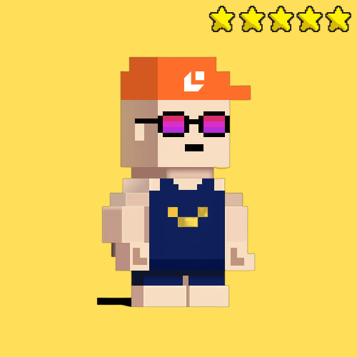 A pixel art character wearing a red cap, purple sunglasses, and blue overalls on a yellow background, with five stars displayed at the top.