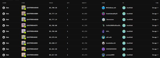 A digital marketplace listing showing multiple 'QUOTRON' NFT sales ranging from approximately $3,500 to $3,800, with recent buyers like MrGolden_eth and Gratefulearthby0, all transacting within the last 3 minutes.