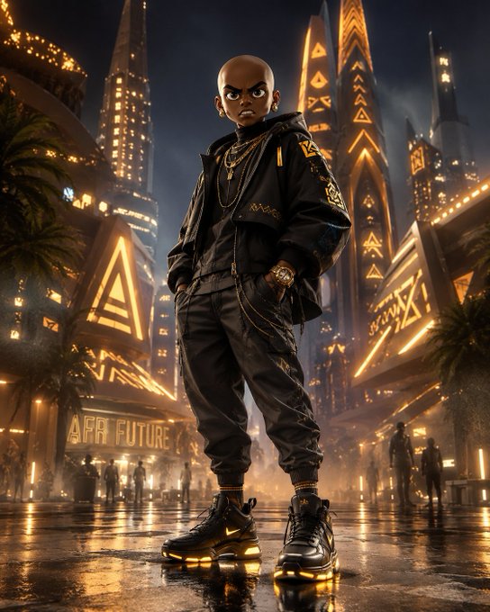 A stylized 3D render of a bald character in black streetwear and Air Jordans standing in a futuristic neon-lit city with 'AFH FUTURE' visible in the background.