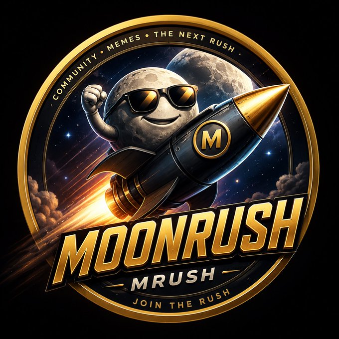 A gold and black emblem for 'MOONRUSH' featuring a cartoon moon wearing sunglasses riding a rocket with an 'M' logo, surrounded by the text 'COMMUNITY • MEMES • THE NEXT RUSH • JOIN THE RUSH'.