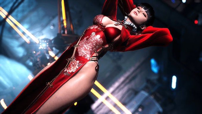 A cinematic 3D rendering shows a woman in an ornate red dress with floral patterns posing dramatically in a neon-lit futuristic cityscape.