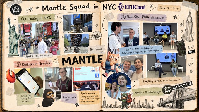 The image features a book with various photos of people and objects related to the hashtag #Mantle. The book has a brown cover, and there are multiple pages filled with pictures and text. One of the images shows a group of people standing in front of a building, while another image depicts a person holding a cell phone. There is also an image featuring a man wearing a backpack.

The post on this page talks about distribution and how assets move to users. The main focus seems to be on the process of distributing content or products rather than discussing whether assets are moving onchain or not.