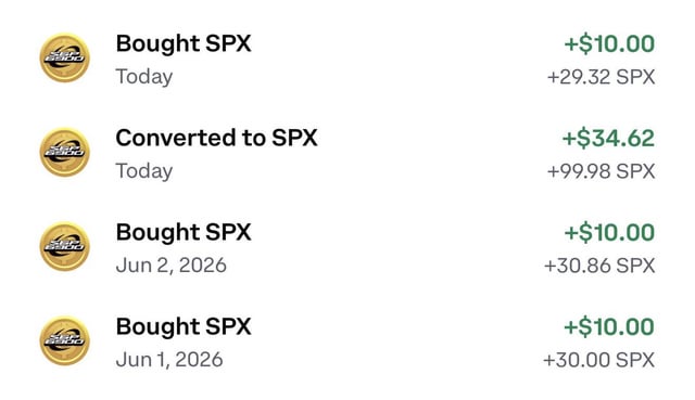 The image shows a close-up of an electronic device displaying several days of data related to buying shares in the stock market, specifically SPX, using Bitcoin. The screen displays information about when the shares were bought and sold at different levels such as $10, $34, and $39.86. This data is used for monitoring the performance of their trading portfolio throughout a week. The post suggests that they are planning to continue buying shares in SPX until the stock market flips, implying a long-term investment strategy.