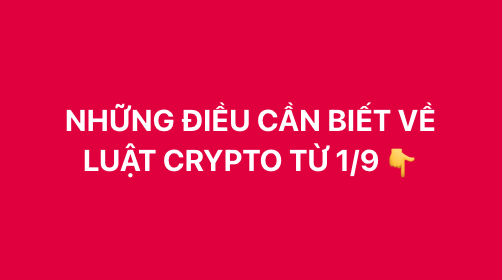 A red screen displays white Vietnamese text reading 'NHỮNG ĐIỀU CẦN BIẾT VỀ LUẬT CRYPTO TỪ 1/9' with a pointing hand emoji.