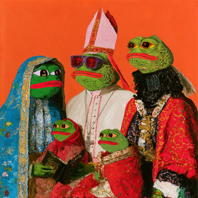 A colorful painting of a family portrait where all the subjects are Pepe the Frog characters dressed in ornate religious or noble attire against an orange background.