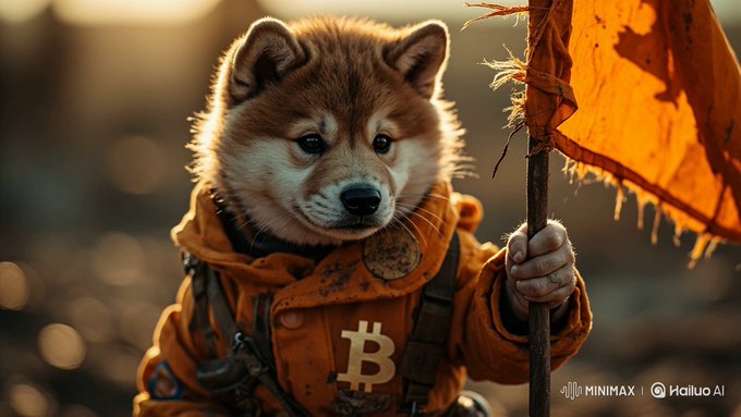 An AI-generated Shiba Inu dog wearing an orange Bitcoin-themed outfit holds a tattered flag, with text watermarks reading 'MINIMAX' and 'Hailuo AI'.