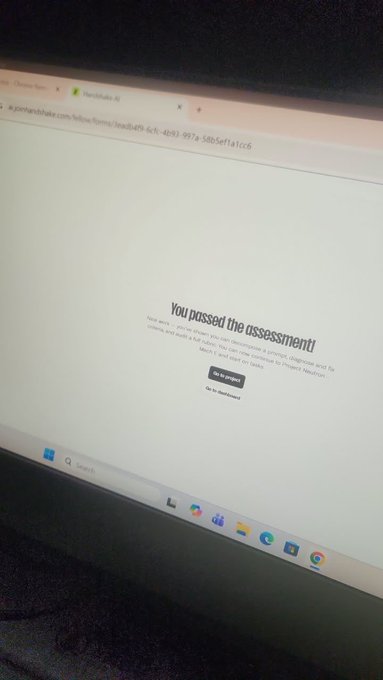 Computer monitor displaying a Project Neuron assessment page with the message 'You passed the assessment' and a 'Go to project' button.