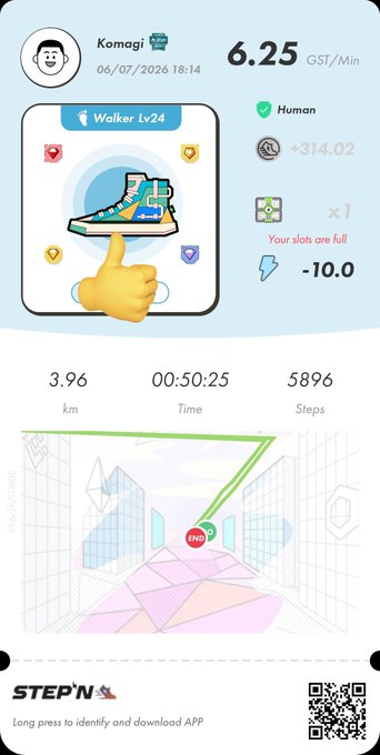 STEP'N app screenshot showing a workout summary for user Komagi with a 'Walker Lv24' sneaker, 6.25 GST/Min earnings, 3.96 km distance, 00:50:25 time, and 5896 steps.