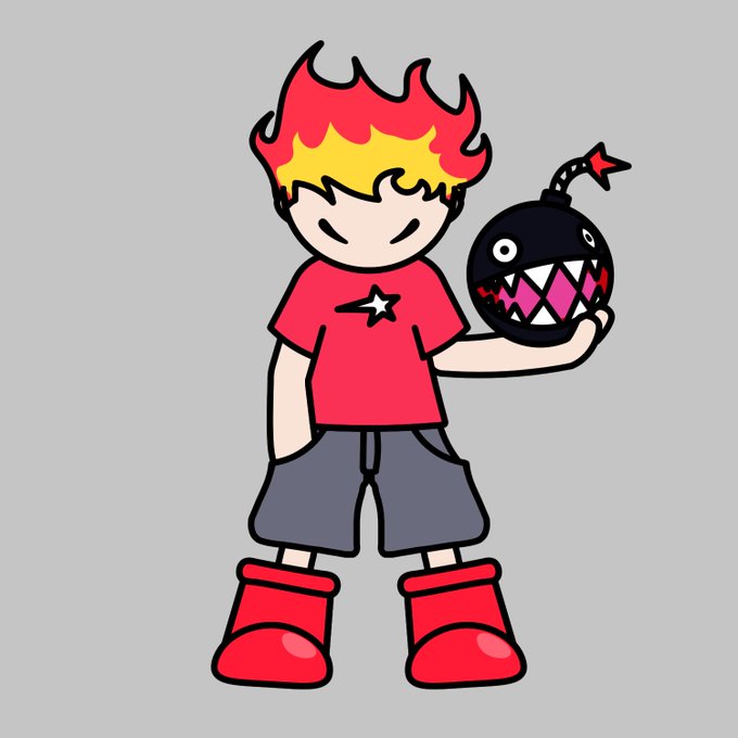 A cartoon illustration depicts a boy with spiky red and yellow flame-like hair, wearing a red shirt with a white star, gray shorts, and red boots, holding a black cartoon bomb with teeth and a fuse.