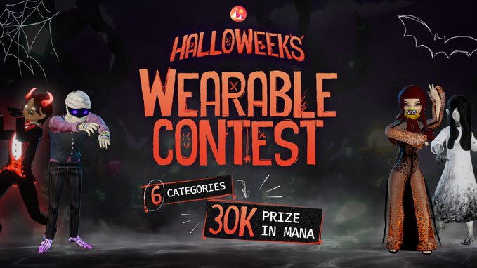Promotional graphic for the Halloweeks Wearable Contest, featuring spooky characters in horror-themed outfits alongside text announcing 6 categories and a 30K MANA prize pool. The image visually represents the contest mentioned in the text, which celebrates a reduced $5 publication fee and features categories like "Slasher" for Halloween-inspired wearable designs.