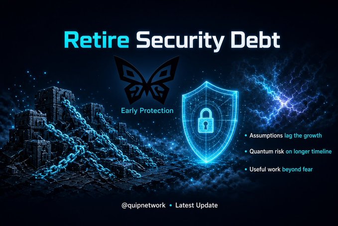 A digital graphic titled 'Retire Security Debt' by @quipnetwork featuring a blue shield with a padlock, a butterfly logo labeled 'Early Protection', and bullet points about quantum risk and useful work beyond fear.