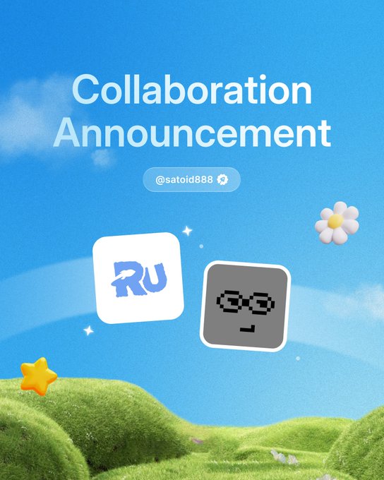 A digital announcement graphic titled 'Collaboration Announcement' featuring the logos of Ru and a pixelated face character against a grassy hill background.