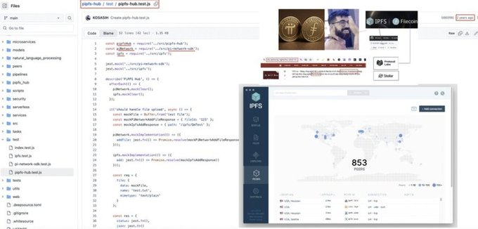 A screenshot showing code in a file "pspiFs-hub.js" alongside a Pi Network/IPFS webpage integration, visually supporting the claim that IPFS is being integrated with Pi Network by displaying both the backend code and a working dashboard showing 853 nodes.