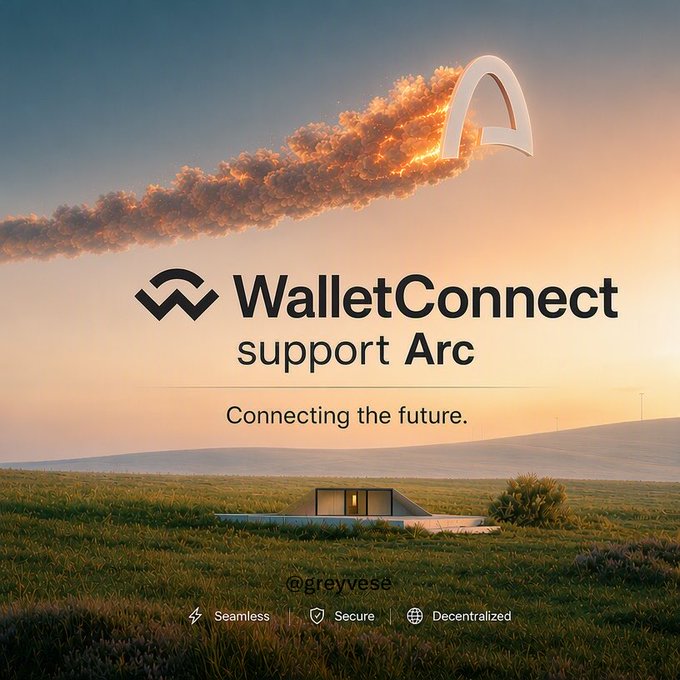 A promotional graphic with the text 'WalletConnect support Arc - Connecting the future' overlaid on a sunset landscape image with a rocket trail, tagged @greyvese.