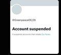 A screenshot shows a suspended account notification reading 'Account suspended' with the handle '@GreenyeyeXRS_09'.