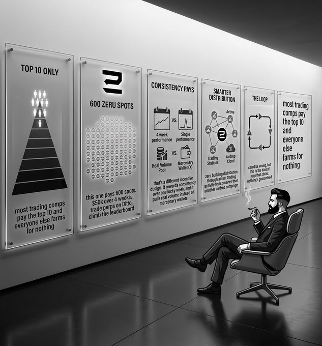 A black and white illustration of a suited man smoking a cigarette while sitting in a chair in a hallway displaying posters with headings 'TOP 10 ONLY', '600 ZERO SPOTS', 'CONSISTENCY PAYS', 'SMARTER DISTRIBUTION', and 'THE LOOP'.