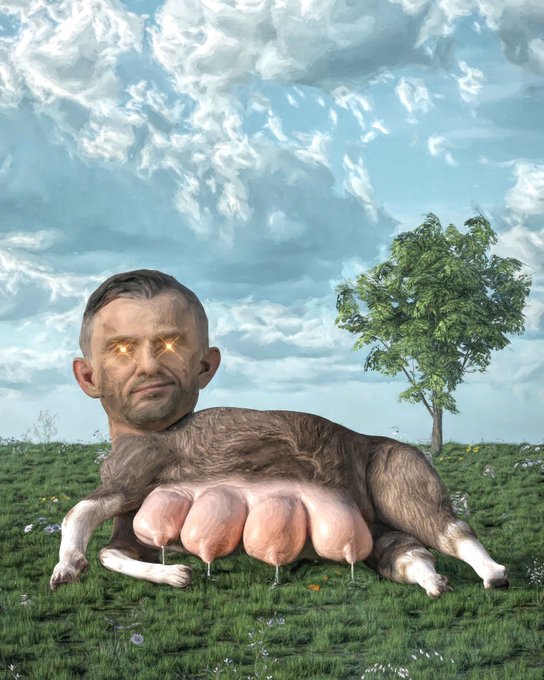 A surreal, edited image showing a man's head with glowing eyes photoshopped onto a sheep's body lying in a grassy field, with multiple udders visible.