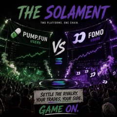 The image is a promotional graphic for "THE SOLAMENT" featuring a battle-style layout with "PUMP FUN USERS" on the left and "FOMO BUYERS" on the right, both represented with logos and crowd illustrations facing off in a trading arena, with the tagline "SETTLE THE RIVALRY. YOUR TRADES, YOUR SIDE." and "GAME ON." below—visually capturing the memecoin's playful clash between pump fun culture and FOMO-driven trading that the post describes as an attention-grabbing Solana-based narrative.