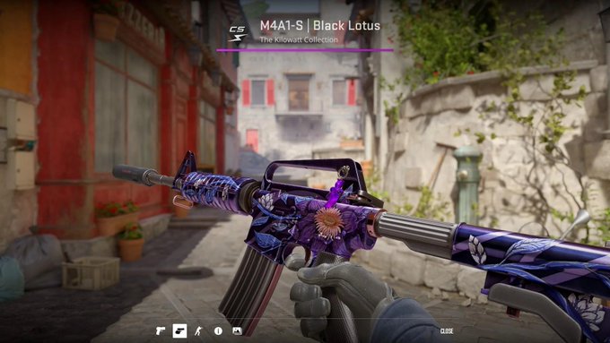 A first-person view in CS:GO displays the M4A1-S | Black Lotus from The Kilowatt Collection, featuring a purple and white floral skin design with a lotus flower emblem. The image showcases the weapon skin being promoted in a $22 giveaway by @CallMeHysty and @Zagmania_, requiring retweets, follows, and tagging a friend to enter within 48 hours.