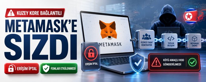 The image is a Turkish-language infographic warning that a North Korea-linked developer infiltrated MetaMask, showing a hacker silhouette behind a laptop displaying the MetaMask fox logo, with red warning text reading "KUZEY KORE BAĞLANTILI METAMASK'E SIZDI" (North Korea-linked infiltrated MetaMask), and icons indicating "erişim iptal" (access revoked) and "fonlar etkilenmedi" (funds unaffected), visually reinforcing the post's revelation that Consensys unknowingly hired a DPRK-connected developer using a false identity as a third-party consultant.