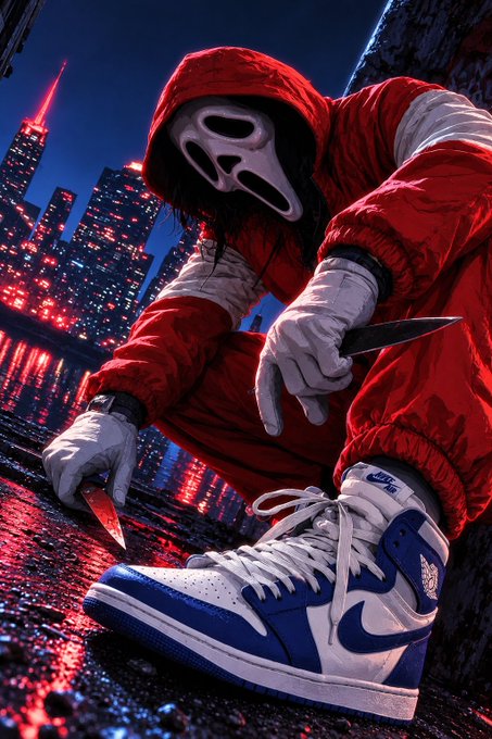 Stylized artwork of a figure in a red hooded jumpsuit and iconic Ghostface mask, crouching on a wet city street at night while holding a knife, with blue and white Air Jordan 1 sneakers prominently displayed.