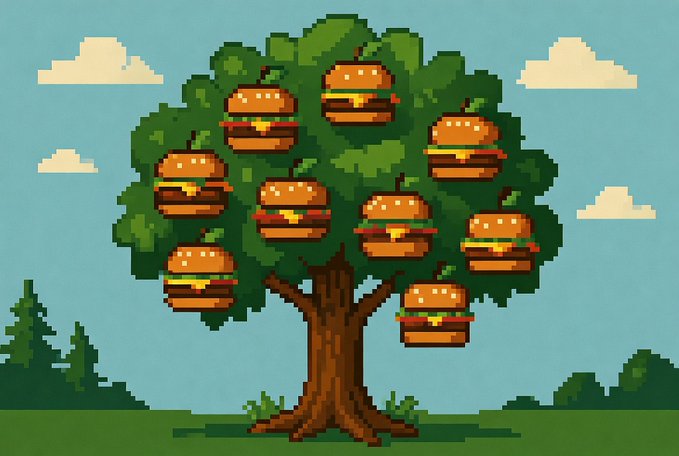 A pixel art illustration of a tree where the fruits are replaced by cheeseburgers, set against a blue sky with clouds and pine trees.