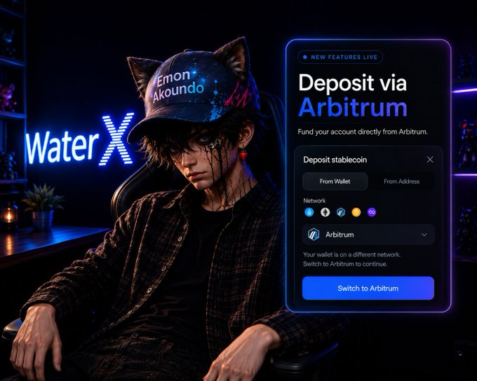 A anime-style character wearing a cap reading "Emon Akoundo" sits in a neon-lit room beside a "WaterX" sign and a digital interface prompting users to "Deposit via Arbitrum" with a "Switch to Arbitrum" button. The image visually promotes the WaterX platform's new Arbitrum integration, complementing the post's mention of @WaterX_app expanding its on-chain prediction market offerings around macro events like the 2026 Fed rate decision.