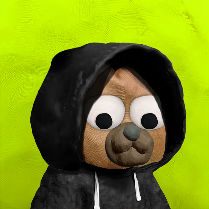 A 3D-rendered clay-style figure wearing a black hoodie with bulging googly eyes and a brown dog-like snout against a bright lime green background.