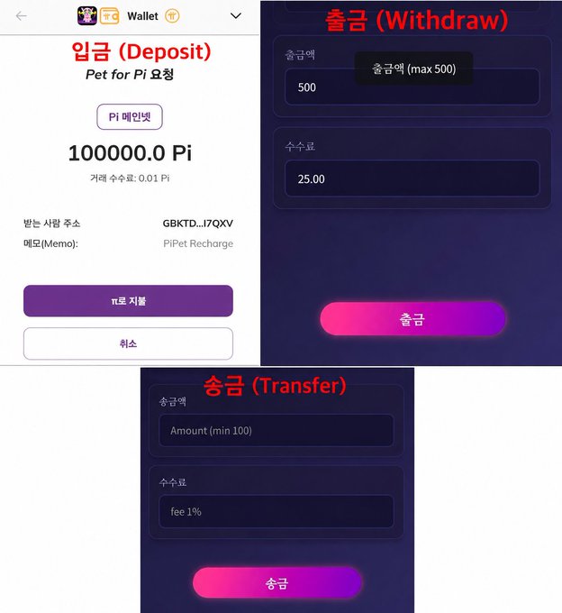 A composite screenshot showing three PiPet wallet screens for Deposit (입금) at 100,000 Pi with a 0.01 Pi fee, Withdrawal (출금) capped at 500 with a 25.00 fee, and Transfer (송금) with a 100 minimum and 1% fee.