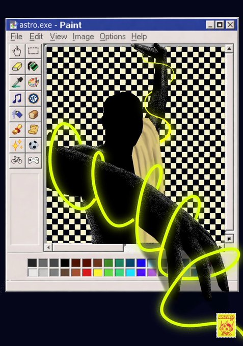 The image features an artist's digital illustration of a person with their arm outstretched, holding a neon glow stick that appears to be glowing yellow. The background of the image has a black and white checkered pattern. The artist's name is written in the bottom right corner of the image.