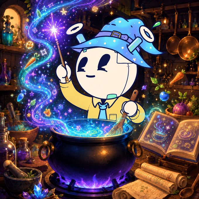 A vibrant digital illustration of a cute white character in a blue wizard hat and yellow outfit stirring a glowing magical cauldron surrounded by floating ingredients, potions, and an open spellbook.