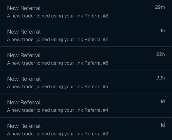A mobile app notification screen listing multiple 'New Referral' alerts — 'A new trader joined using your link Referral #8' through '#3' — with timestamps ranging from 29 minutes to 1 day ago.