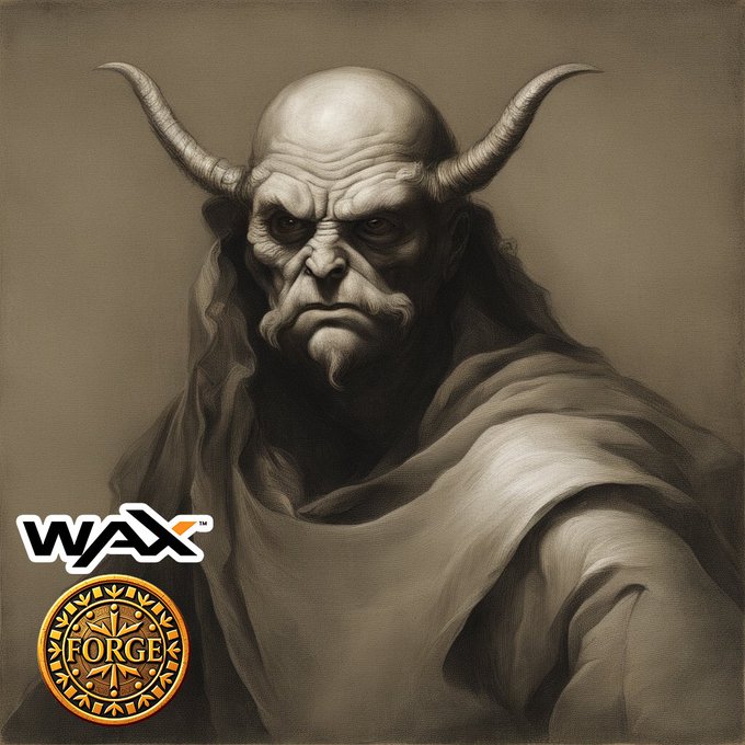 A sepia-toned portrait of a stern, bald wizard with large curved horns and flowing robes, representing the "Sanctuary of Wizards: The Ancient Masters NFT Pack" on the WAX blockchain, featuring the "WAX" and "FORGE" logos in the lower left corner, with mint details available via Atomic Hub and f12key.