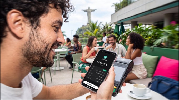 A smiling customer uses his phone to pay R$1,235.50 via the Oobit app at an outdoor café, with Rio de Janeiro's iconic Christ the Redeemer statue visible in the background—visually illustrating the post's message about connecting Pix QR payments with USDT in Brazil. The scene captures a real-world moment where crypto holders can seamlessly pay merchants in local currency without cash-out detours.