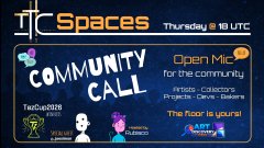 A promotional graphic for TC Spaces Community Call, scheduled for Thursday at 18 UTC, featuring an open mic event with the theme 'The floor is journal' and avatars representing participants.