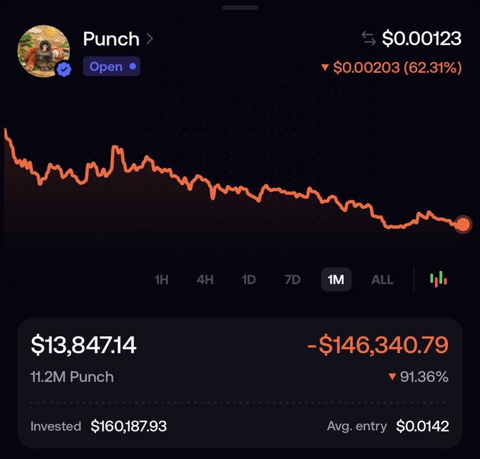 The image features a graph with a downward-sloping line, indicating a loss of money or a decline in value. Below this graph, there is text that reads "I lost $146K on the Punch meme coin", which suggests that someone has invested in the Punch meme coin and experienced a substantial decrease in their investment value. The post caption seems to be an inside joke among friends about losing money on this particular investment or joke.