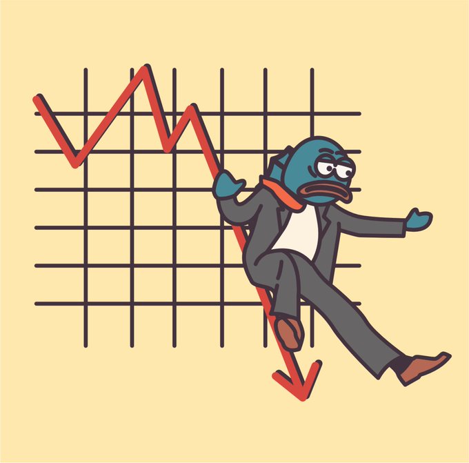 A worried businessman in a suit clutches a plunging red downward arrow on a grid chart, illustrating the post's sarcastic message that investors often try to "buy the dip" or double down during market downturns—only to fall further along with the crashing trend.