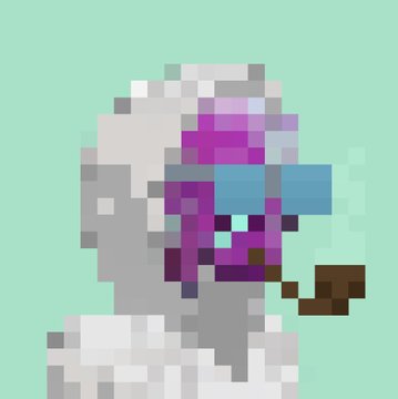 A pixelated alien character with purple skin and a blue visor smokes a pipe, depicted in a retro video game art style against a teal background. The image relates to the post about a rare "alien" being traded in a CryptoArgonauts NFT marketplace deal involving radioactive, gold, and ETH.