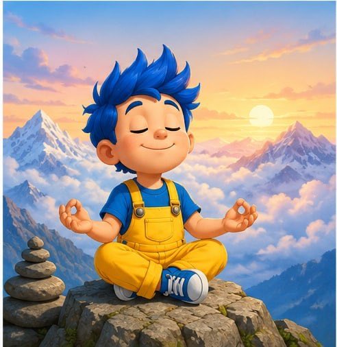 A 3D cartoon-style illustration of a blue-haired boy in yellow overalls meditating in a lotus position on a mountain peak at sunset, with a stone cairn beside him.