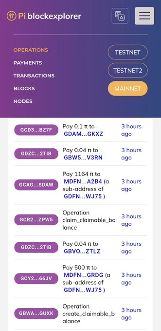 The Pi blockexplorer shows the Pi Mainnet ledger has not produced new transactions or operations in over 3 hours, with the most recent entries (including payments and operations like claim_claimable_balance and create_claimable_balance) all timestamped "3 hours ago," indicating the Mainnet has stalled.
