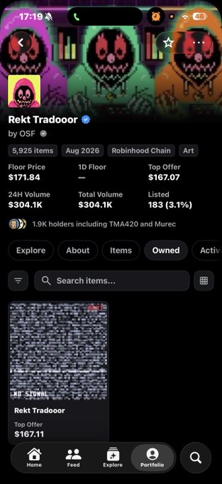 A mobile screenshot of the OpenSea app showing the 'Rekt Tradooor' NFT collection by OSF on the Robinhood Chain, with a floor price of $171.84 and 1.9K holders.